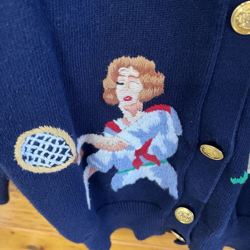 Susan Bristol Vintage 90s Embroidered Women Sports Navy Cardigan Sweater Medium - Picture 4 of 5